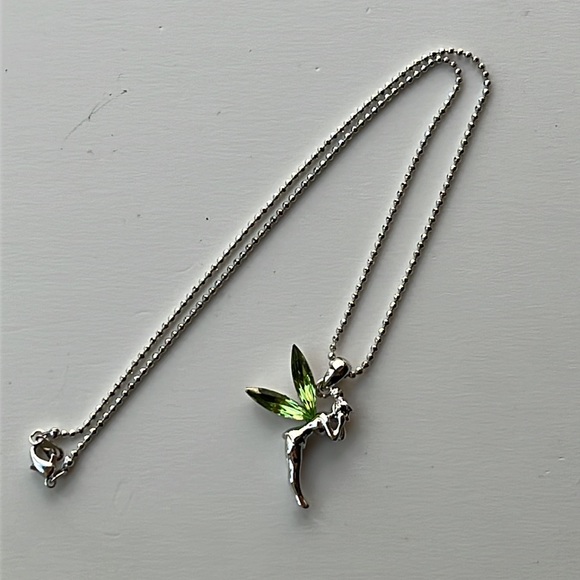 Tinkerbell necklace — charm with green crystal wings on silver tone ball chain - Picture 7 of 10